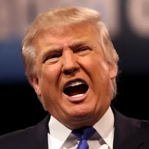 Donald Trump with his mouth wide open and making a point, ca 2015.