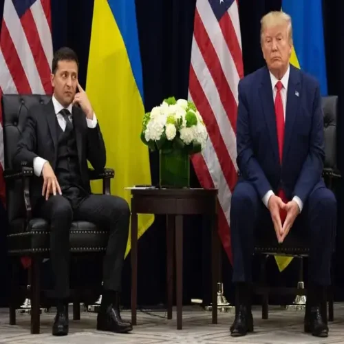 Ukrainian President Volodymyr Zelenskyy sitting in a meeting with US President Donald J. Trump