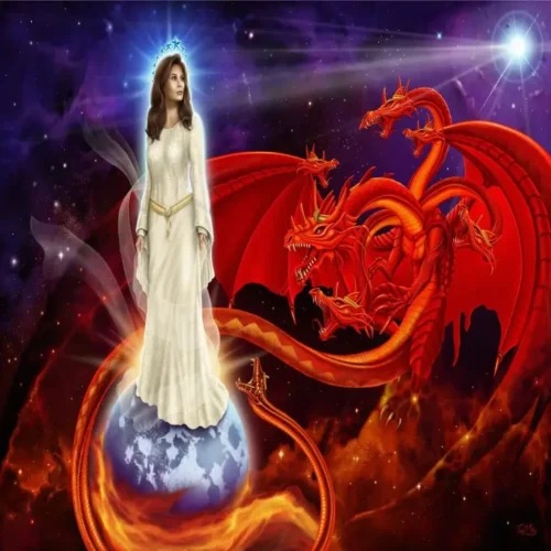 Artist's depiction of the heavenly bride and threatened by the Dragon.