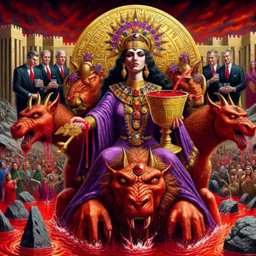 A fictional drawing of the woman on the beast in Rev 17:3.