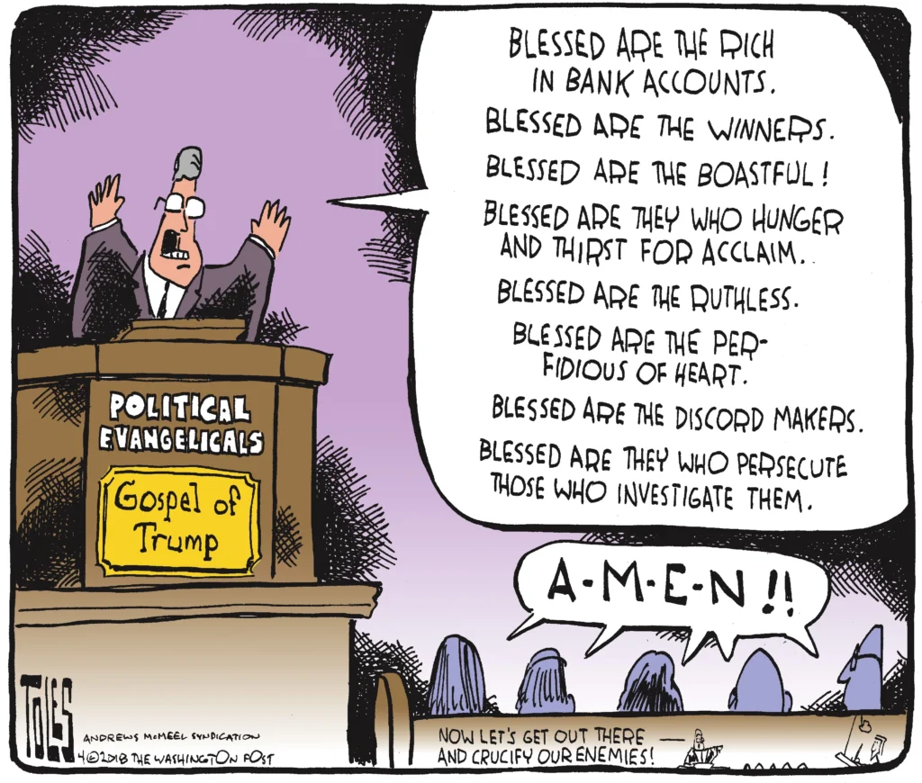 A Tom Toles cartoon of a MAGA preacher and his sermon points.