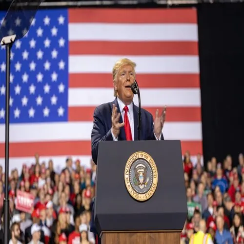 Battle Creek, Michigan / United States - December 18, 2019: President Donald Trump at a campaign rally during the House of Representatives impeachment vote