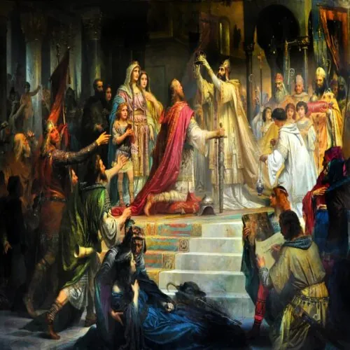 800 AD, Charlemagne, the Germanic "barbarian" ruler, is unexpectedly crowned Roman Emperor by Pope Leo III.