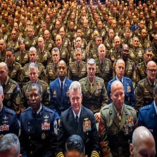 The Pentagon's top brass sit and listen to Donald Trump's Quantico speech to persuade them to join his occupation of American cities scheme. The Bitch Queen Orders Up Some Brass.