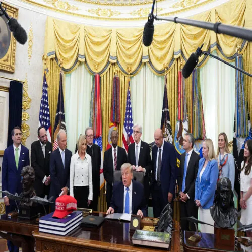 US President Donald Trump receives the findings of the Draft Report of the Presidential Religious Liberty Commission, June 26, 2026.